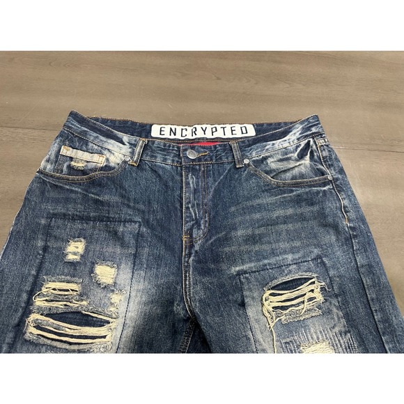 Encrypted Supply Co Mens Distressed Patchwork Straight Leg Blue Jeans 37x32 - Picture 7 of 16